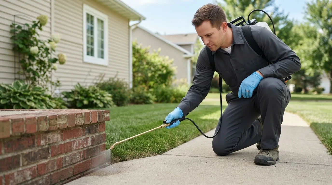 Pest control technician treating a home near Avon, SD